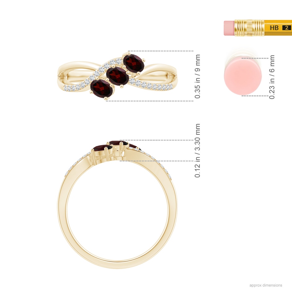 4x3mm A Oval Garnet Three Stone Bypass Ring with Diamonds in Yellow Gold ruler