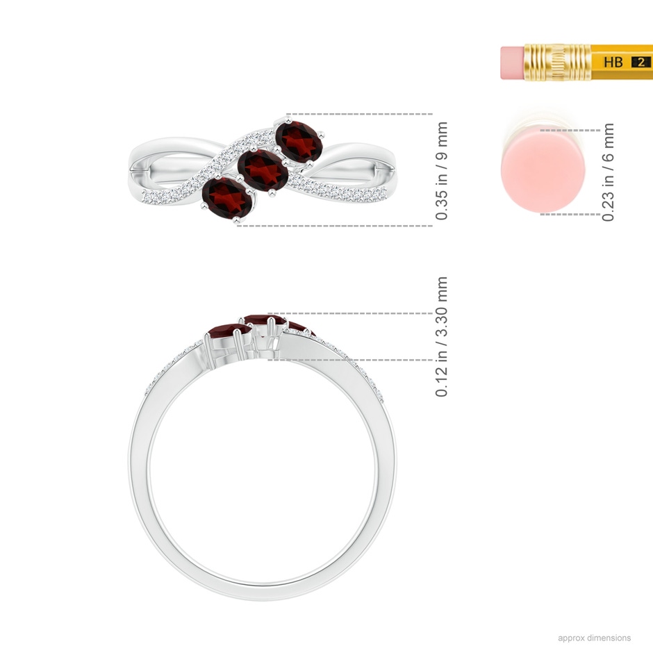 4x3mm AA Oval Garnet Three Stone Bypass Ring with Diamonds in S999 Silver ruler