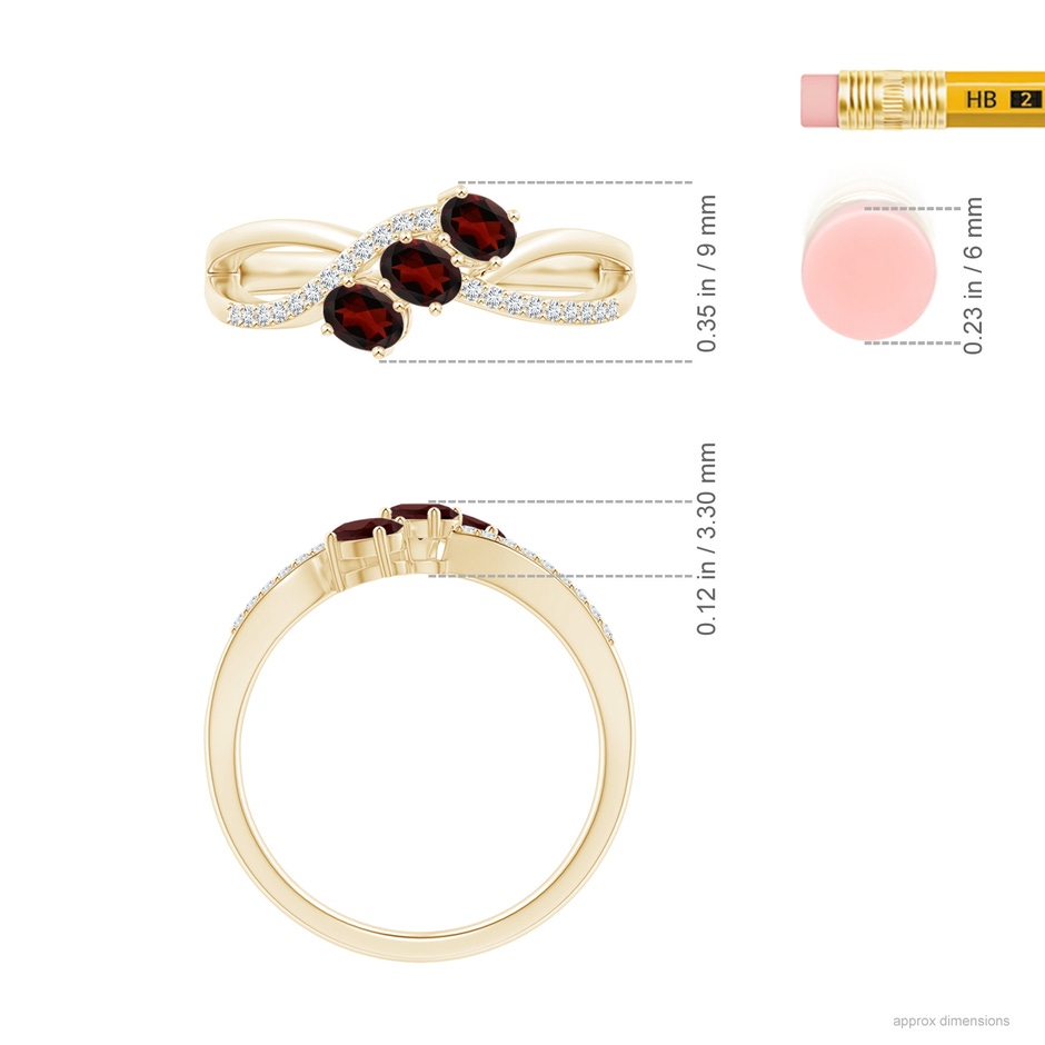 4x3mm AA Oval Garnet Three Stone Bypass Ring with Diamonds in Yellow Gold ruler