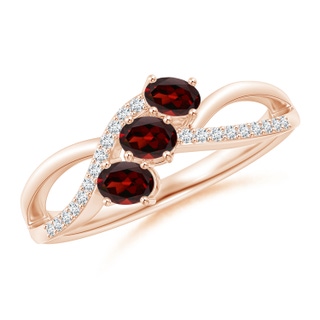 4x3mm AAA Oval Garnet Three Stone Bypass Ring with Diamonds in Rose Gold