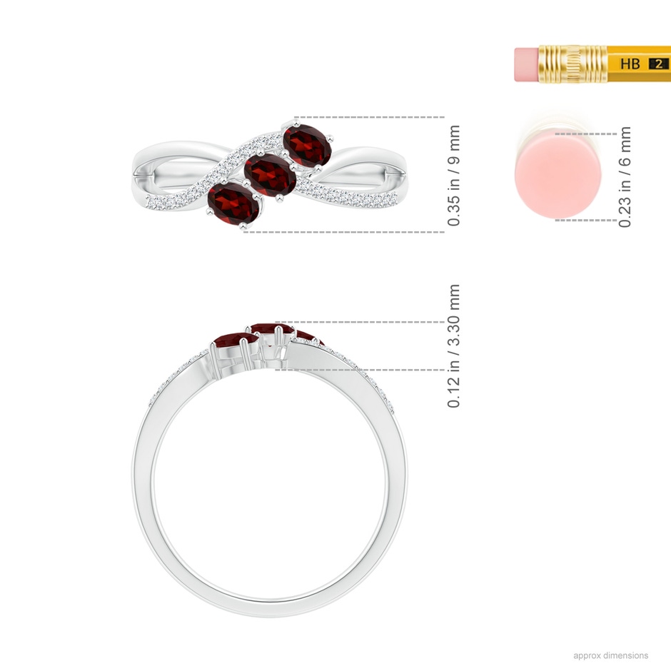 4x3mm AAA Oval Garnet Three Stone Bypass Ring with Diamonds in White Gold ruler