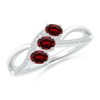 4x3mm AAAA Oval Garnet Three Stone Bypass Ring with Diamonds in 9K White Gold