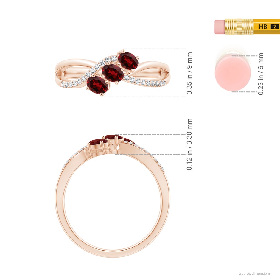 4x3mm AAAA Oval Garnet Three Stone Bypass Ring with Diamonds in Rose Gold ruler