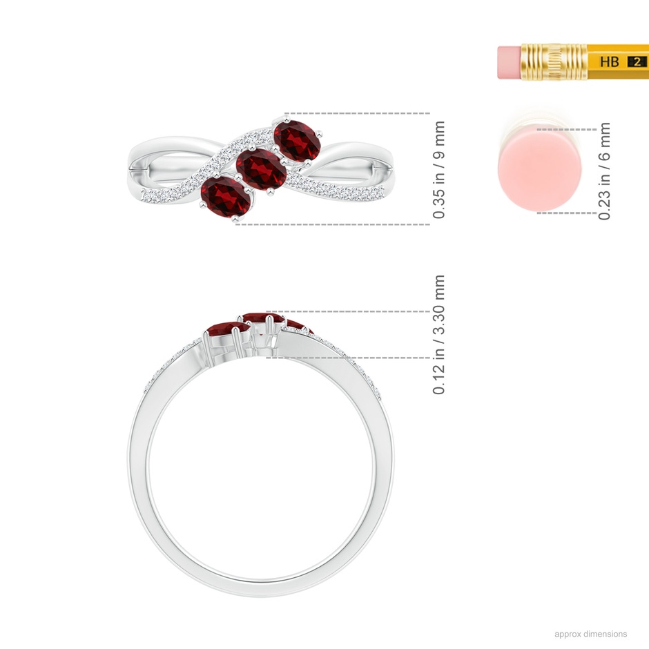 4x3mm AAAA Oval Garnet Three Stone Bypass Ring with Diamonds in White Gold ruler