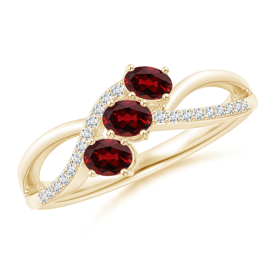 4x3mm AAAA Oval Garnet Three Stone Bypass Ring with Diamonds in Yellow Gold 