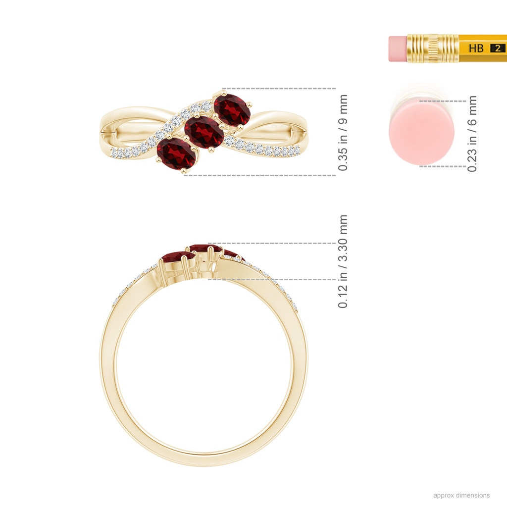 4x3mm AAAA Oval Garnet Three Stone Bypass Ring with Diamonds in Yellow Gold Ruler
