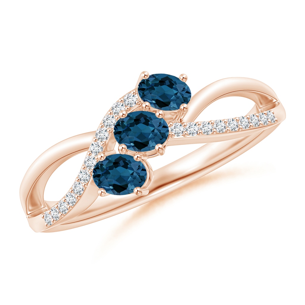 4x3mm AAA Oval London Blue Topaz Three Stone Bypass Ring with Diamonds in Rose Gold