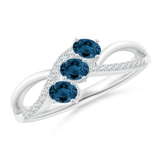 4x3mm AAA Oval London Blue Topaz Three Stone Bypass Ring with Diamonds in White Gold