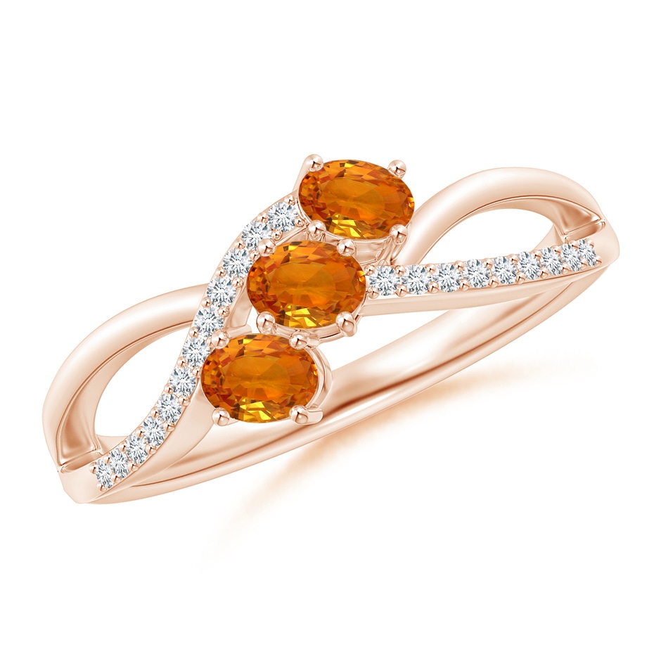 4x3mm AAA Oval Orange Sapphire Three Stone Bypass Ring with Diamonds in Rose Gold 