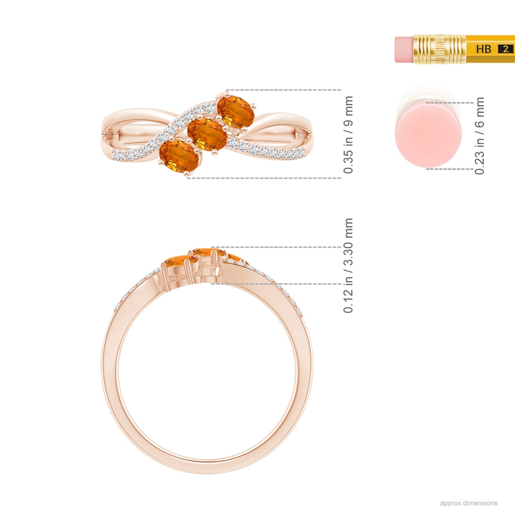 4x3mm AAA Oval Orange Sapphire Three Stone Bypass Ring with Diamonds in Rose Gold Ruler