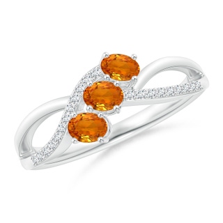 4x3mm AAA Oval Orange Sapphire Three Stone Bypass Ring with Diamonds in White Gold