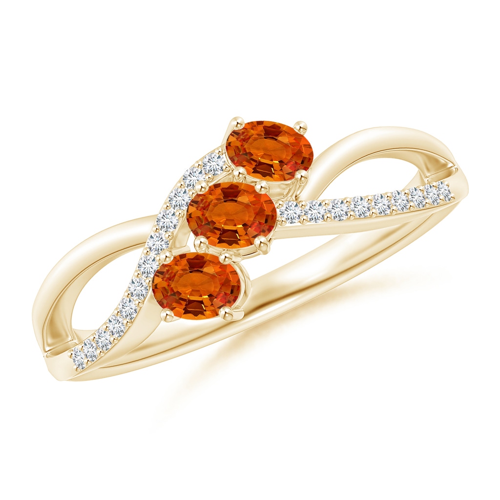 4x3mm AAAA Oval Orange Sapphire Three Stone Bypass Ring with Diamonds in Yellow Gold