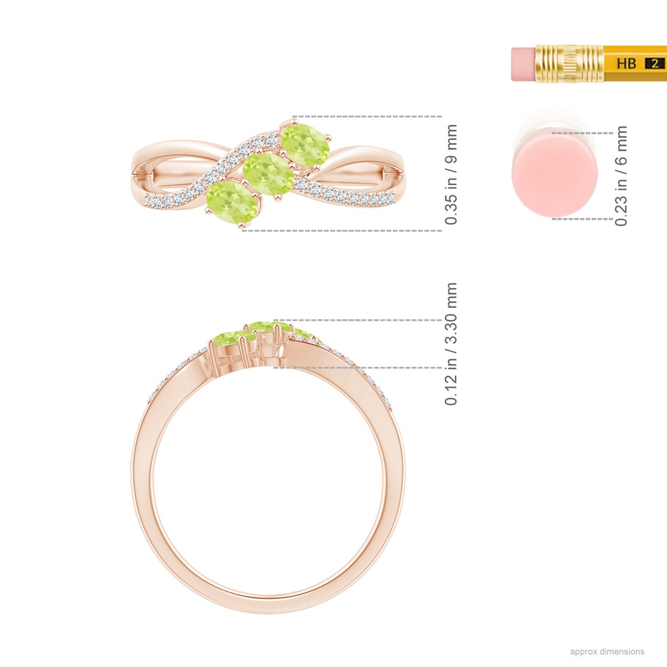 4x3mm A Oval Peridot Three Stone Bypass Ring with Diamonds in Rose Gold ruler