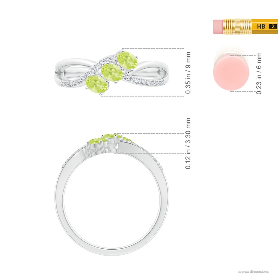 4x3mm A Oval Peridot Three Stone Bypass Ring with Diamonds in S999 Silver ruler