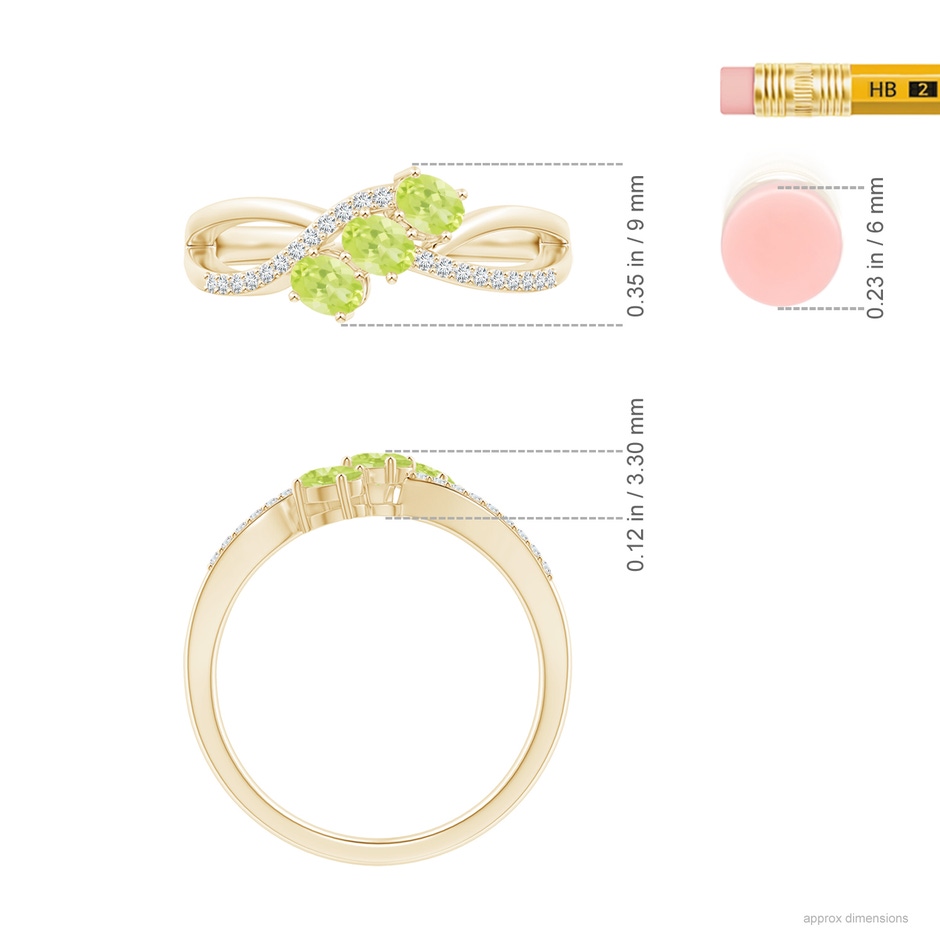 4x3mm A Oval Peridot Three Stone Bypass Ring with Diamonds in Yellow Gold ruler