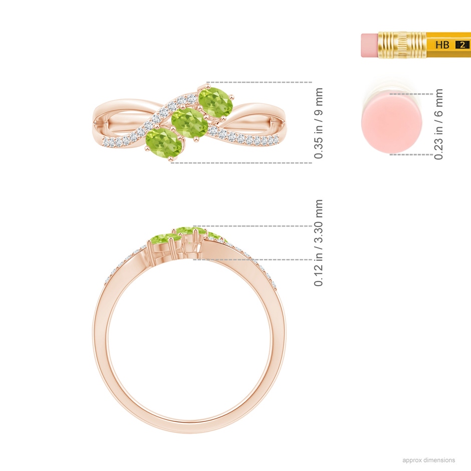 4x3mm AA Oval Peridot Three Stone Bypass Ring with Diamonds in Rose Gold ruler