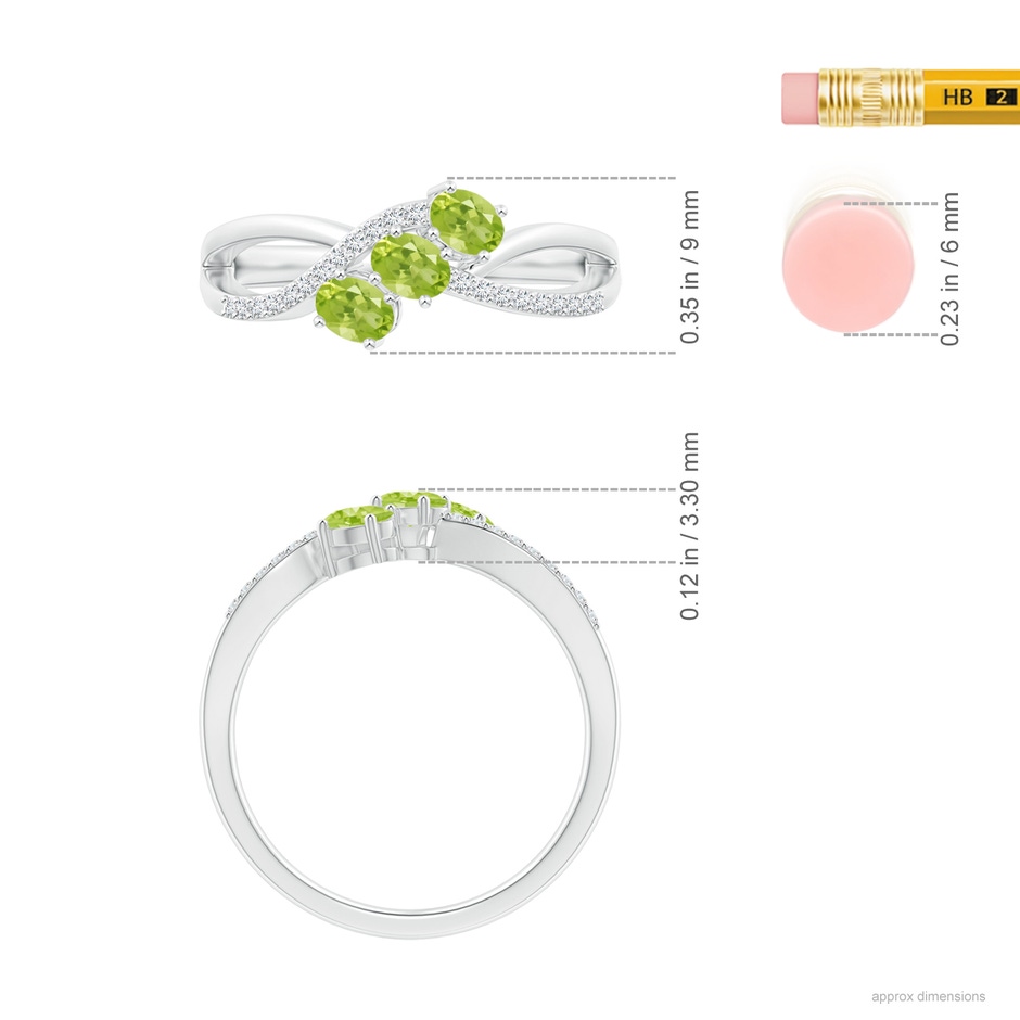 4x3mm AA Oval Peridot Three Stone Bypass Ring with Diamonds in White Gold ruler
