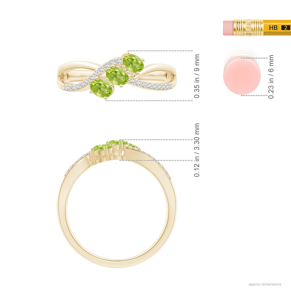 4x3mm AA Oval Peridot Three Stone Bypass Ring with Diamonds in Yellow Gold ruler