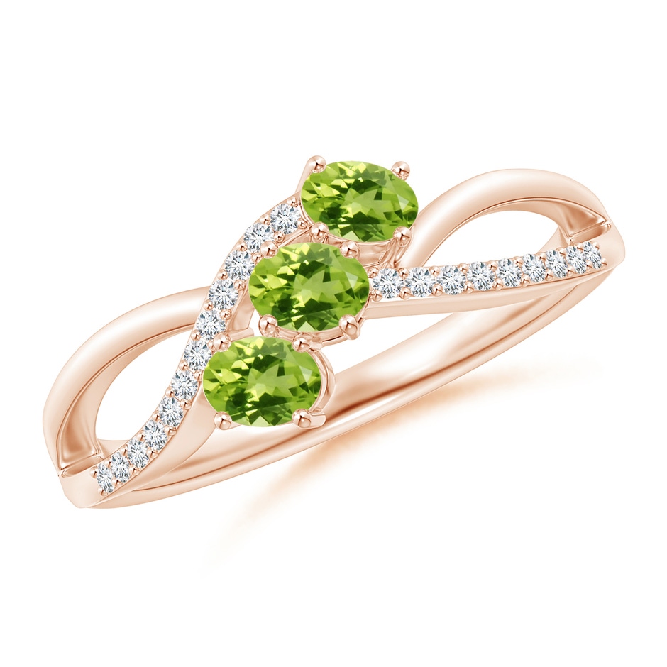 4x3mm AAA Oval Peridot Three Stone Bypass Ring with Diamonds in Rose Gold 