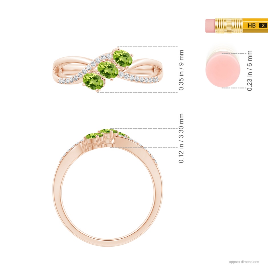 4x3mm AAA Oval Peridot Three Stone Bypass Ring with Diamonds in Rose Gold ruler