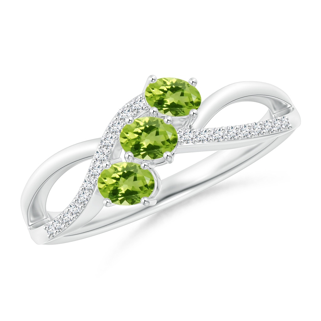 4x3mm AAA Oval Peridot Three Stone Bypass Ring with Diamonds in White Gold