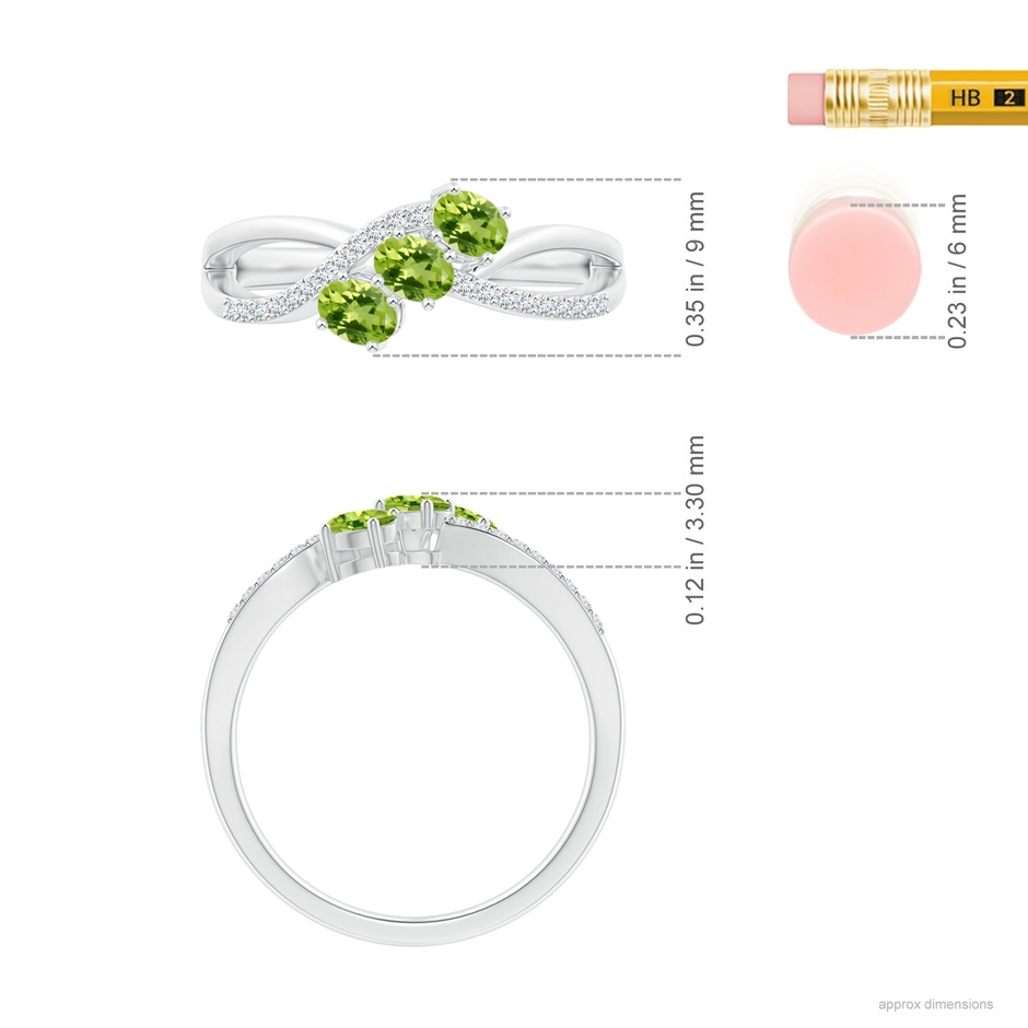 4x3mm AAA Oval Peridot Three Stone Bypass Ring with Diamonds in White Gold ruler