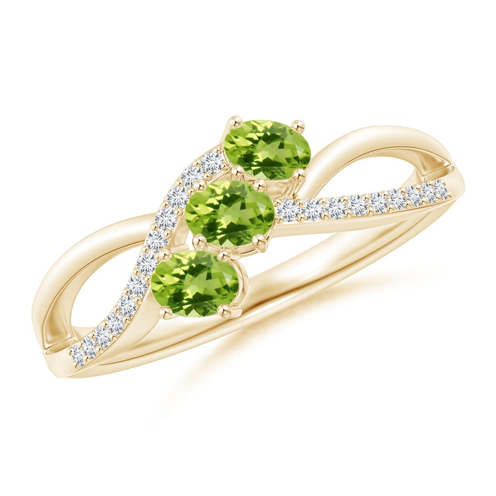 4x3mm AAA Oval Peridot Three Stone Bypass Ring with Diamonds in Yellow Gold