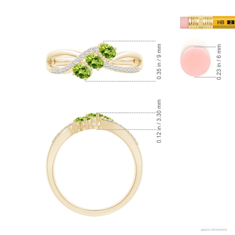 4x3mm AAA Oval Peridot Three Stone Bypass Ring with Diamonds in Yellow Gold ruler