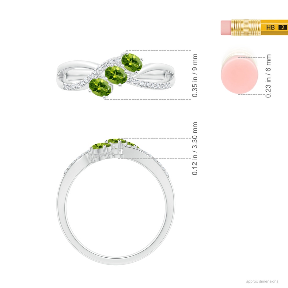 4x3mm AAAA Oval Peridot Three Stone Bypass Ring with Diamonds in S999 Silver ruler