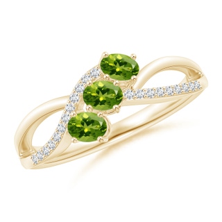 4x3mm AAAA Oval Peridot Three Stone Bypass Ring with Diamonds in Yellow Gold