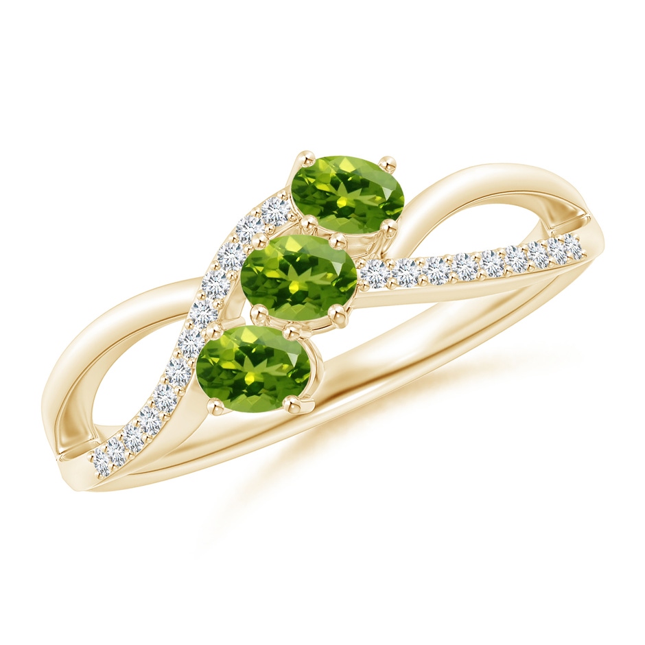 4x3mm AAAA Oval Peridot Three Stone Bypass Ring with Diamonds in Yellow Gold 