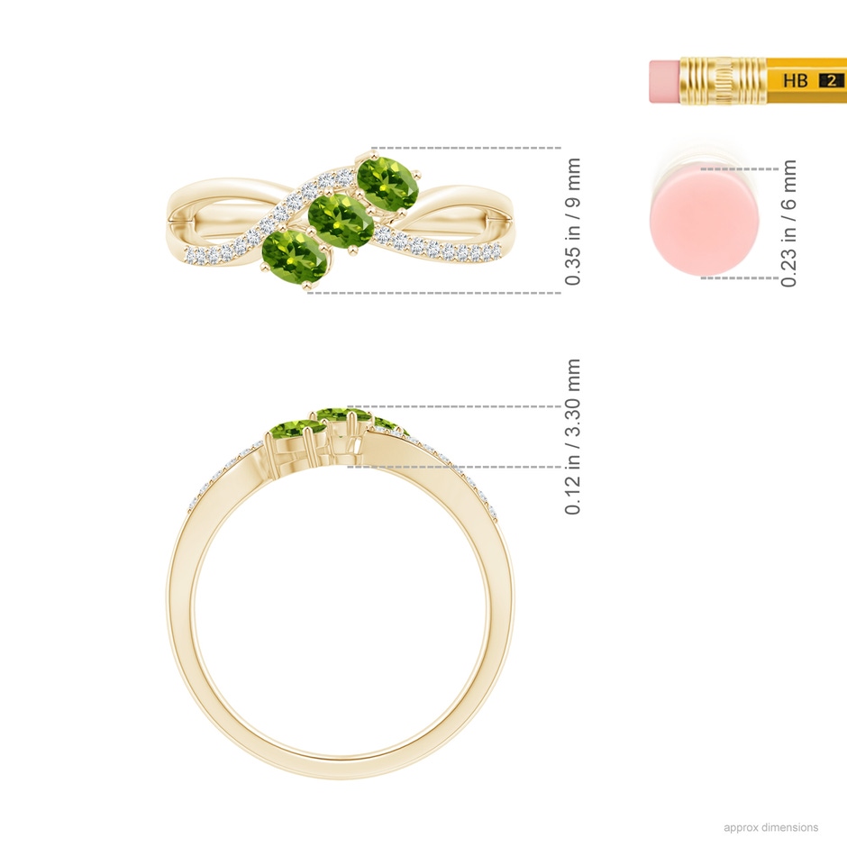 4x3mm AAAA Oval Peridot Three Stone Bypass Ring with Diamonds in Yellow Gold ruler