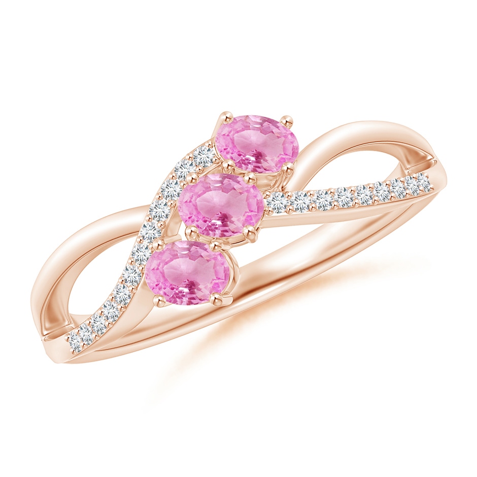 4x3mm A Oval Pink Sapphire Three Stone Bypass Ring with Diamonds in Rose Gold 