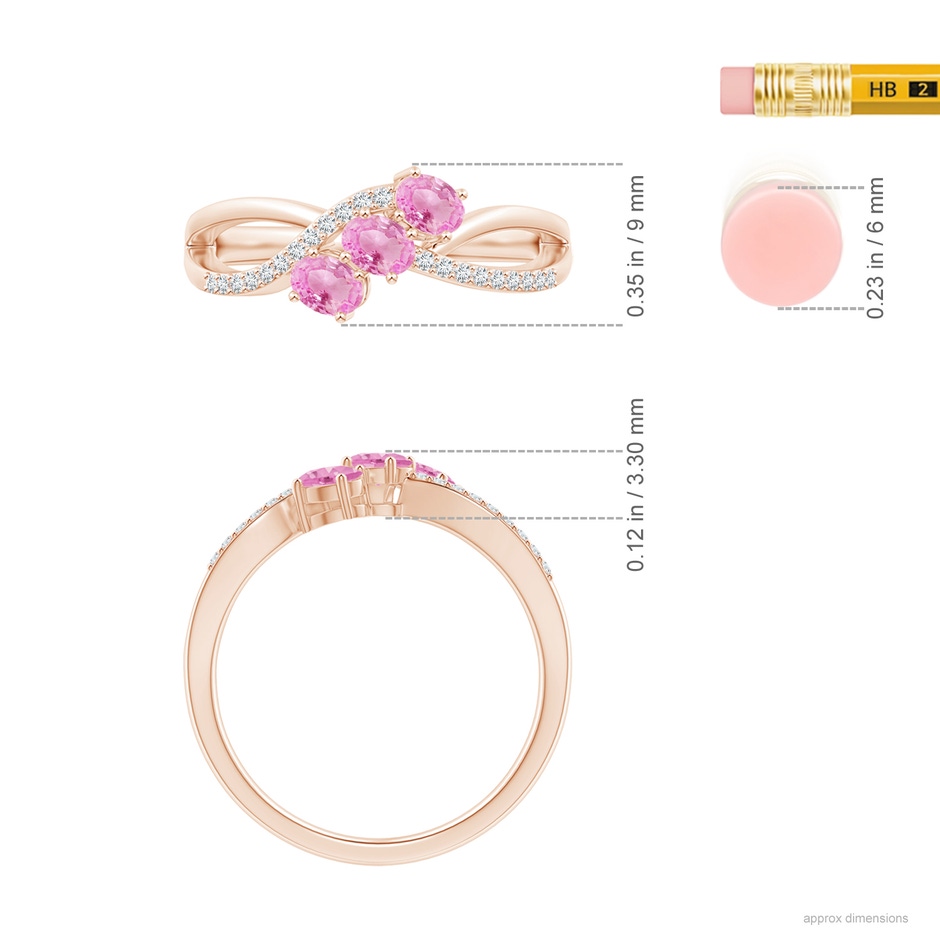 4x3mm A Oval Pink Sapphire Three Stone Bypass Ring with Diamonds in Rose Gold ruler