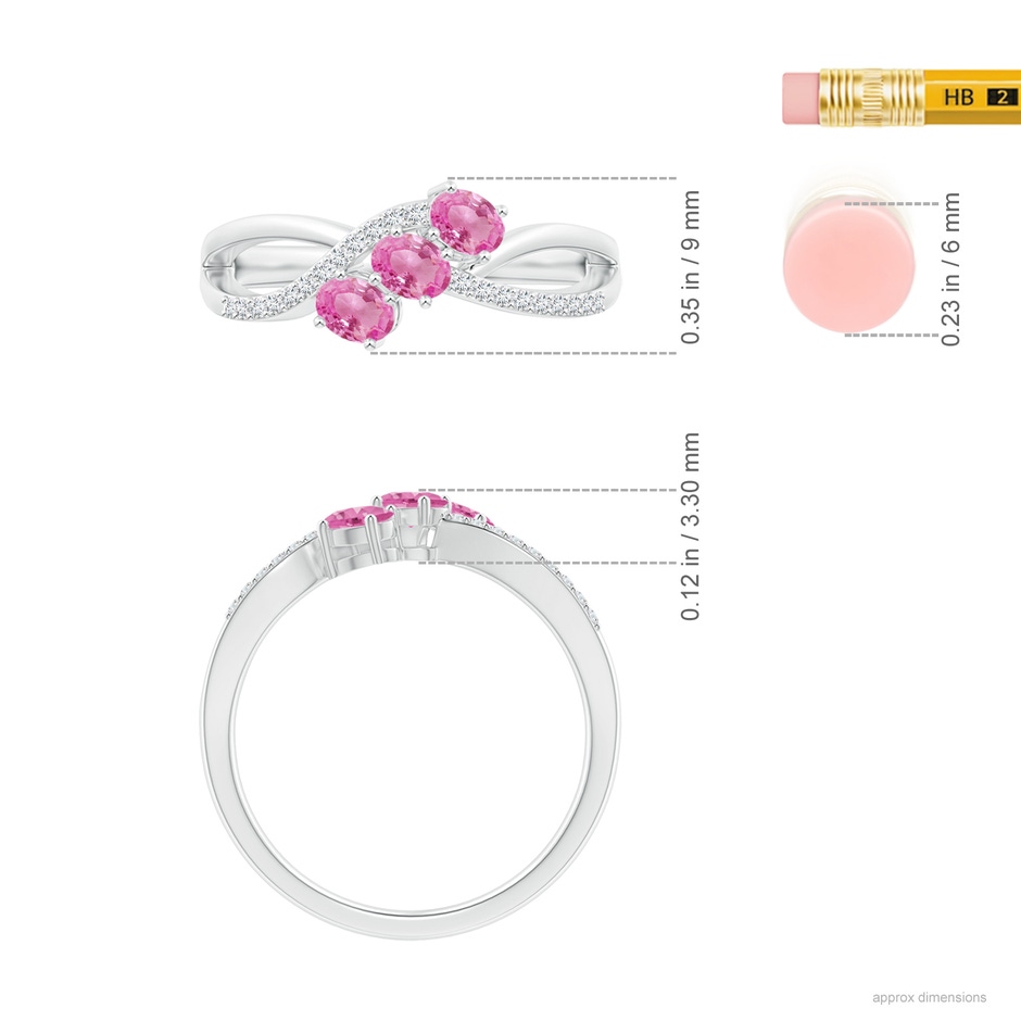 4x3mm AA Oval Pink Sapphire Three Stone Bypass Ring with Diamonds in P950 Platinum ruler