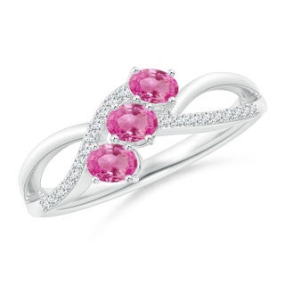 4x3mm AAA Oval Pink Sapphire Three Stone Bypass Ring with Diamonds in White Gold