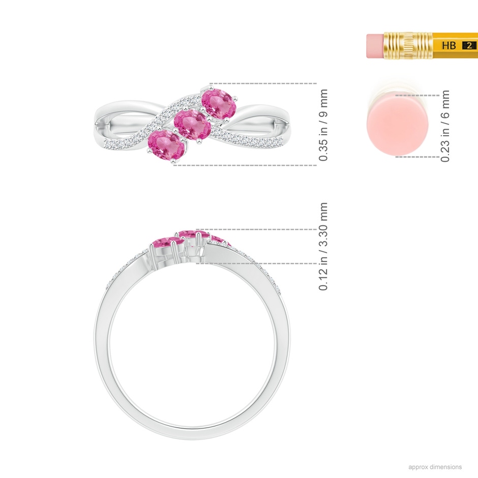 4x3mm AAA Oval Pink Sapphire Three Stone Bypass Ring with Diamonds in White Gold ruler