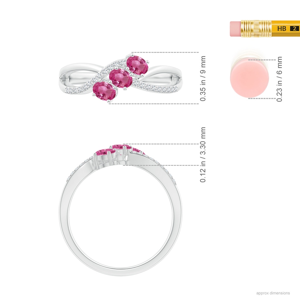 4x3mm AAAA Oval Pink Sapphire Three Stone Bypass Ring with Diamonds in P950 Platinum Ruler