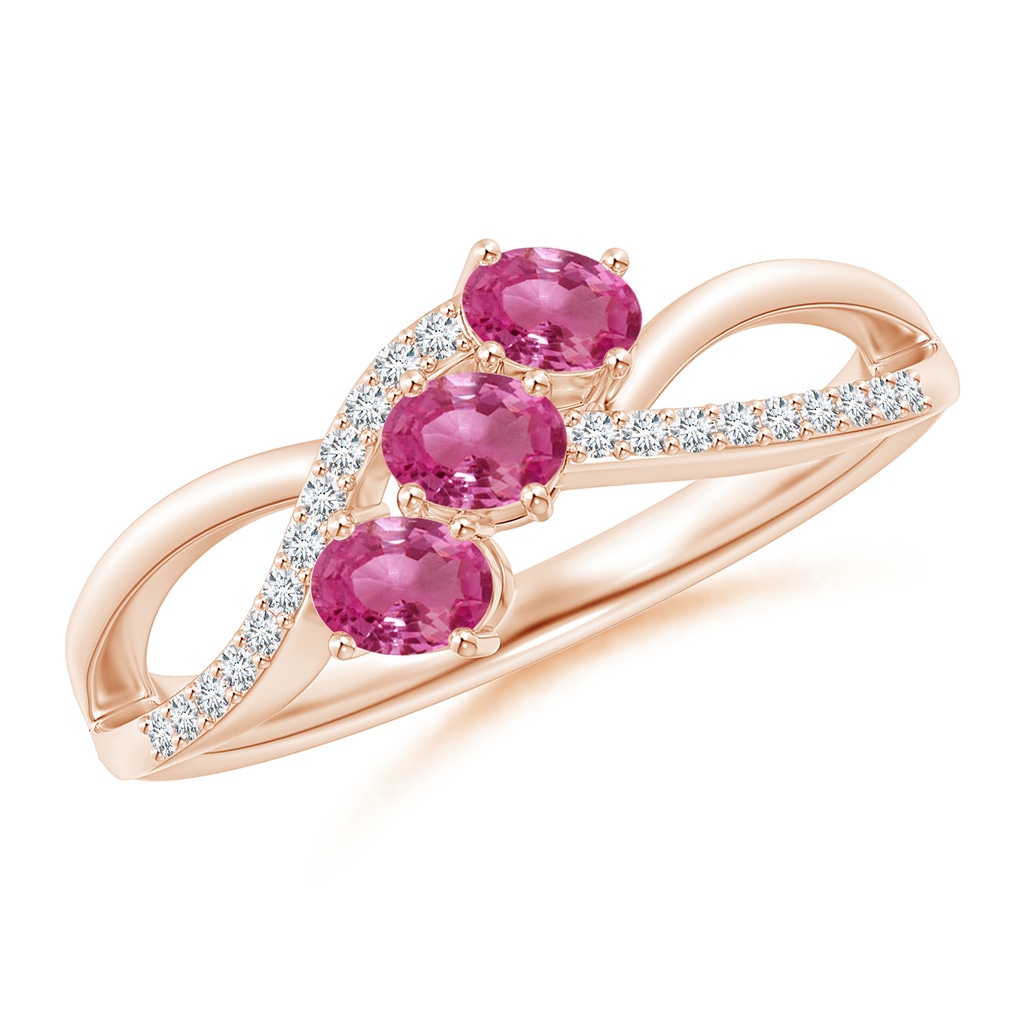 4x3mm AAAA Oval Pink Sapphire Three Stone Bypass Ring with Diamonds in Rose Gold
