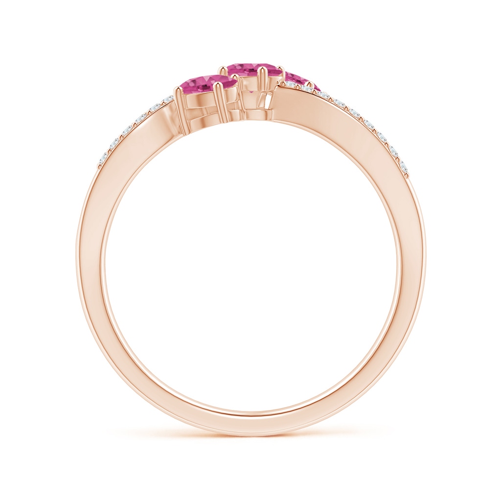 4x3mm AAAA Oval Pink Sapphire Three Stone Bypass Ring with Diamonds in Rose Gold Side-1