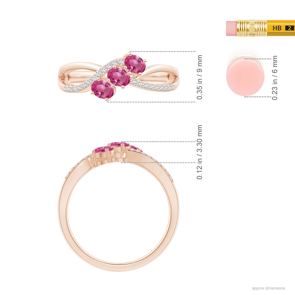 4x3mm AAAA Oval Pink Sapphire Three Stone Bypass Ring with Diamonds in Rose Gold ruler