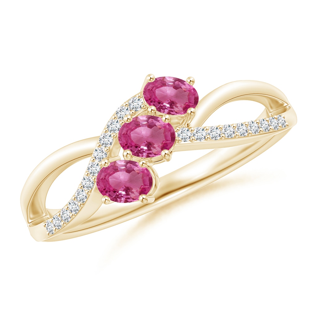 4x3mm AAAA Oval Pink Sapphire Three Stone Bypass Ring with Diamonds in Yellow Gold