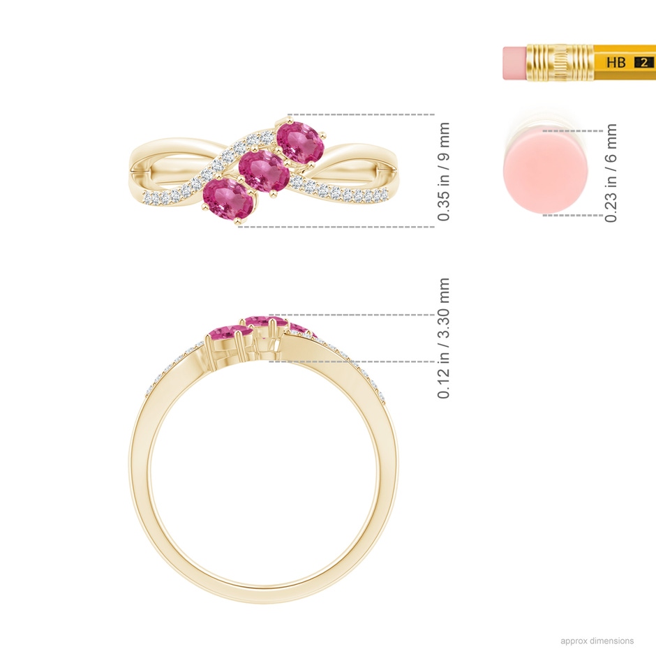 4x3mm AAAA Oval Pink Sapphire Three Stone Bypass Ring with Diamonds in Yellow Gold ruler