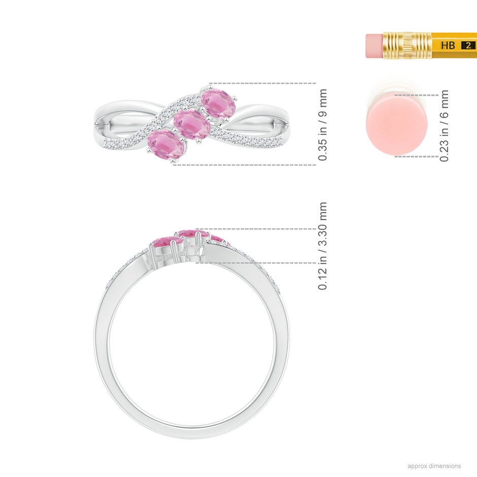 4x3mm A Oval Pink Tourmaline Three Stone Bypass Ring with Diamonds in P950 Platinum ruler