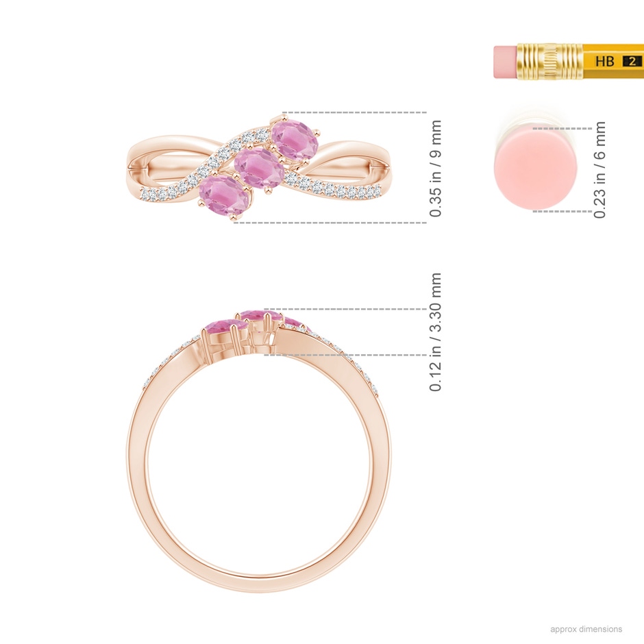 4x3mm A Oval Pink Tourmaline Three Stone Bypass Ring with Diamonds in Rose Gold ruler