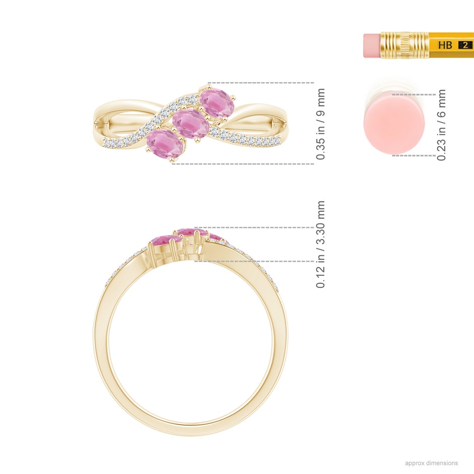 4x3mm A Oval Pink Tourmaline Three Stone Bypass Ring with Diamonds in Yellow Gold ruler