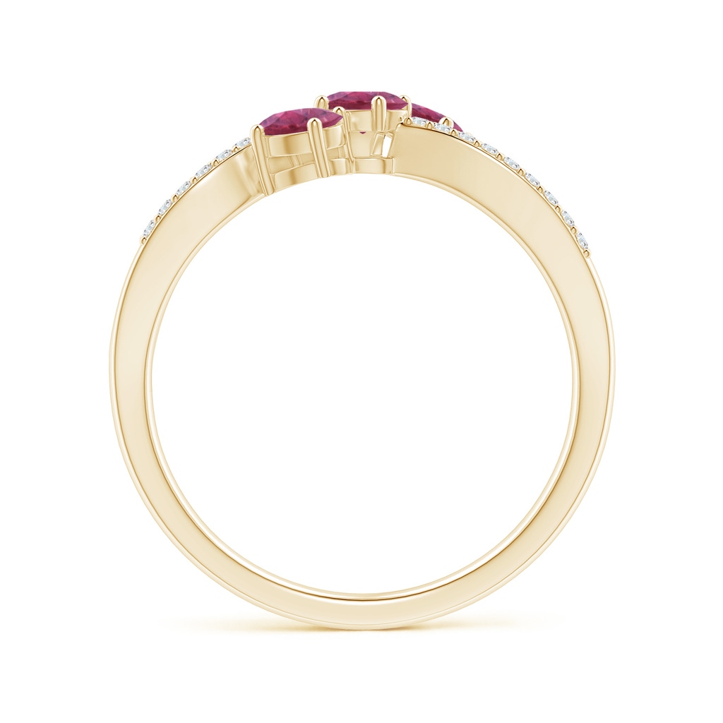 4x3mm AAA Oval Pink Tourmaline Three Stone Bypass Ring with Diamonds in Yellow Gold Side-1