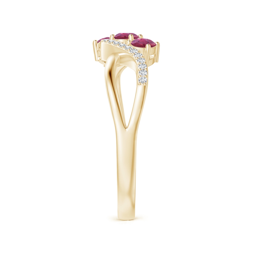 4x3mm AAA Oval Pink Tourmaline Three Stone Bypass Ring with Diamonds in Yellow Gold Side-2