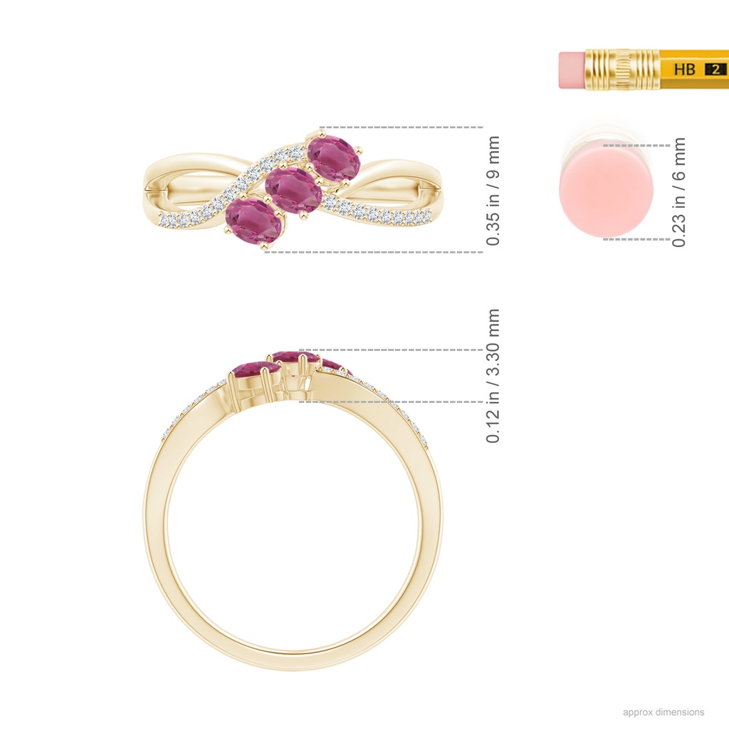 4x3mm AAA Oval Pink Tourmaline Three Stone Bypass Ring with Diamonds in Yellow Gold Ruler