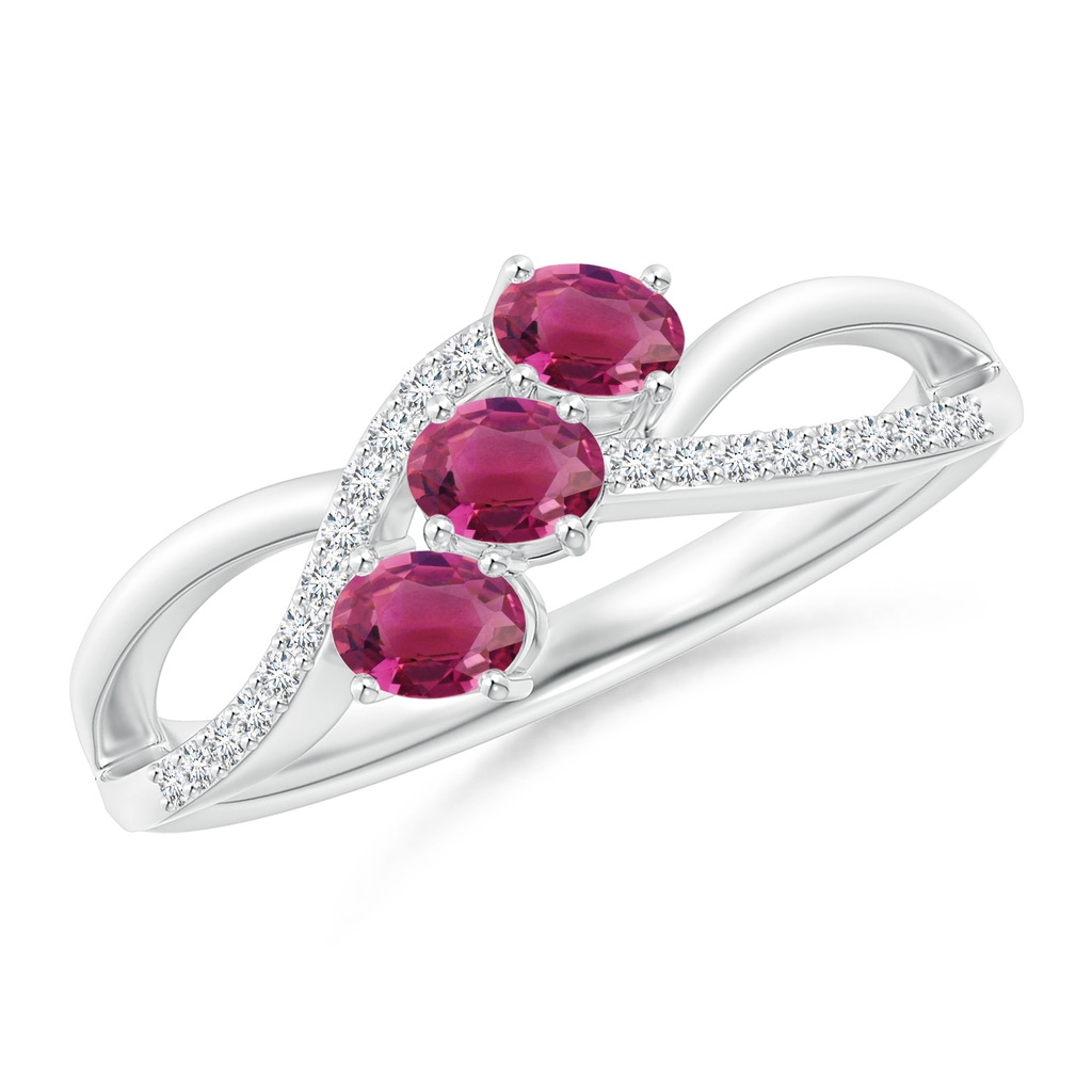 4x3mm AAAA Oval Pink Tourmaline Three Stone Bypass Ring with Diamonds in P950 Platinum